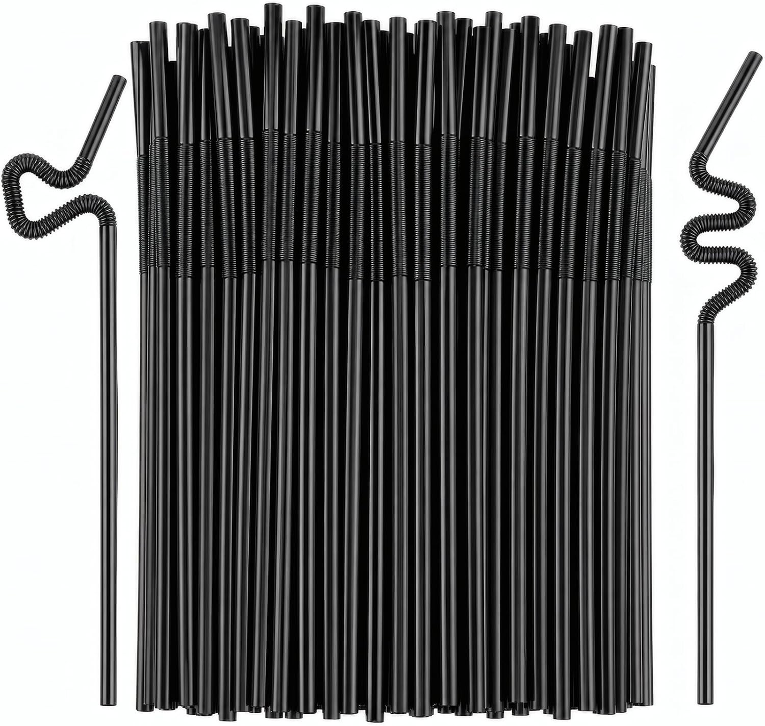ALINK 200 PCS Black Flexible Plastic Straws, 10.23″ Long Stretch to 13″, 0.24″ D