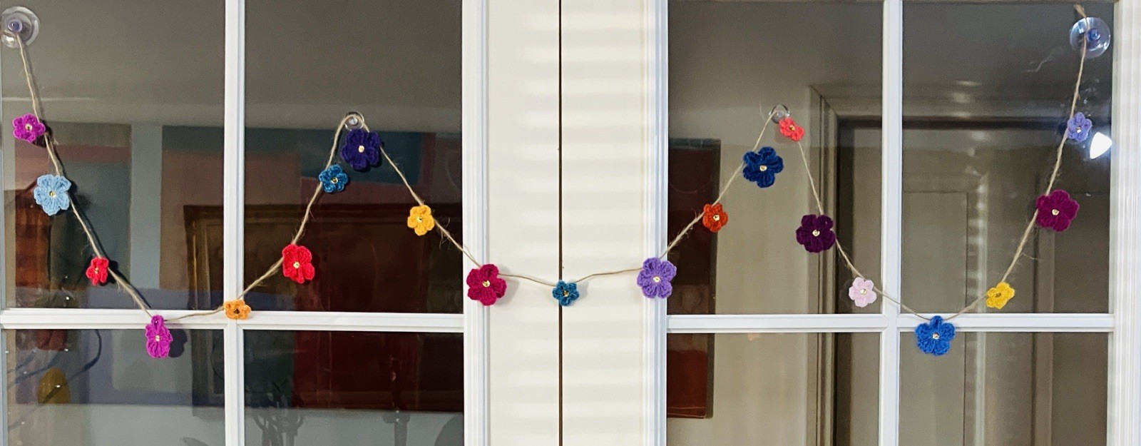 🌸NEW 75″ Hand Crochet Flowers Bunting Window sequin Camper SUMMER gift