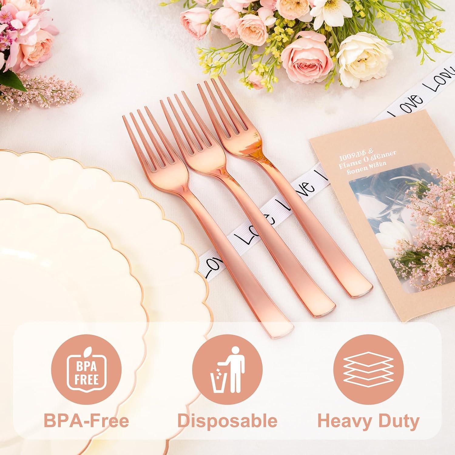 50PCS Rose Gold Plastic Forks – Heavy Duty Plastic Forks – Solid Durable Rose