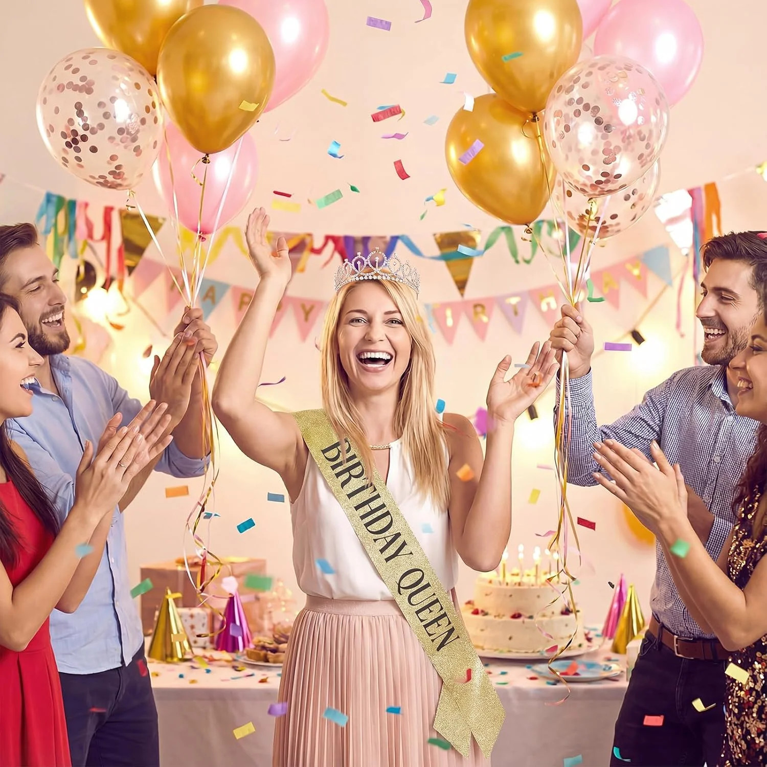 Birthday Crown and Sash for Women, Happy Birthday Tiara for Party Decorations