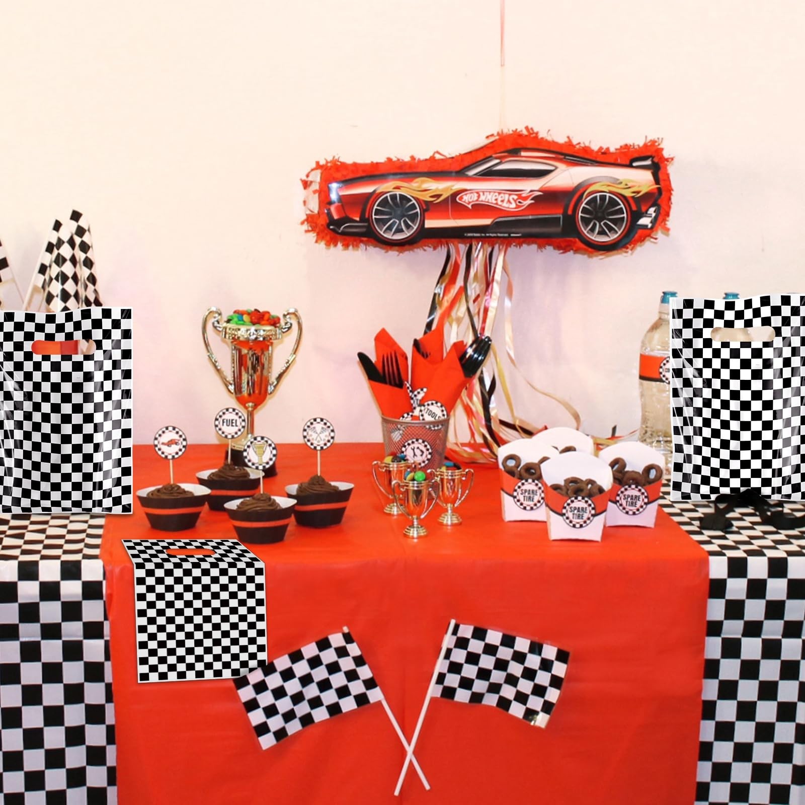 Race Car Theme Party Favors, 50 Plastic Checkered Bags, Black
