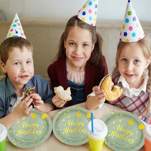 72PCS Happy Birthday Paper Plates – and Gold Tableware Set Include Sage Green