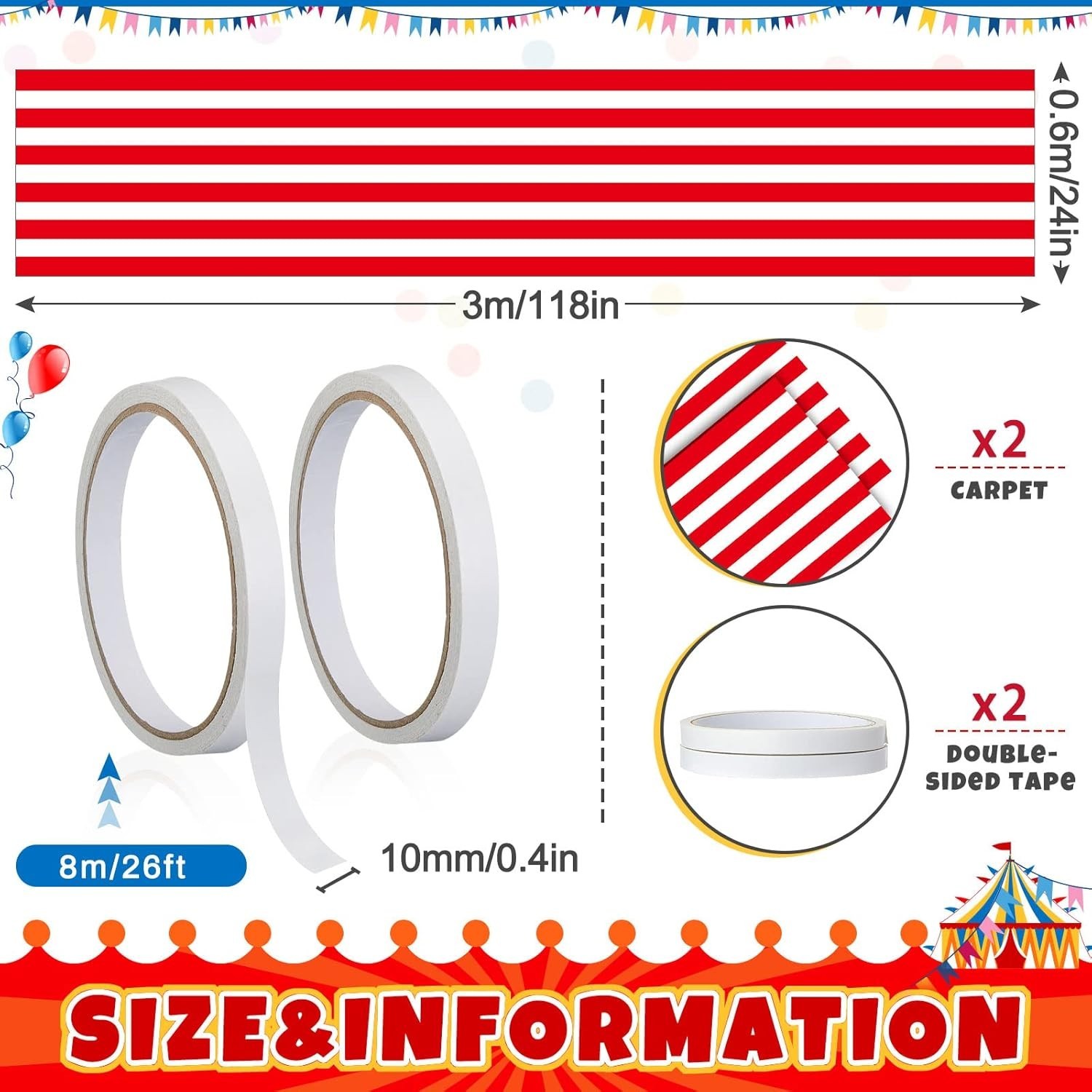 Carnival Circus Floor Runners 2 Pack Red White Striped Indoor Outdoor Decor