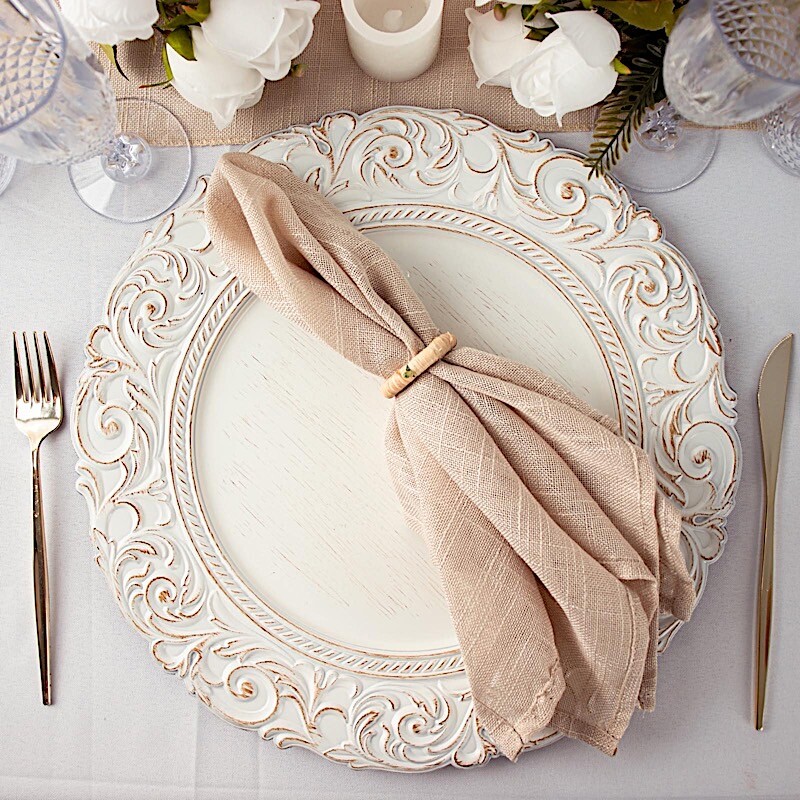 6 Antique White Gold 14″ Round Baroque Metallic Charger Plates Wedding Light