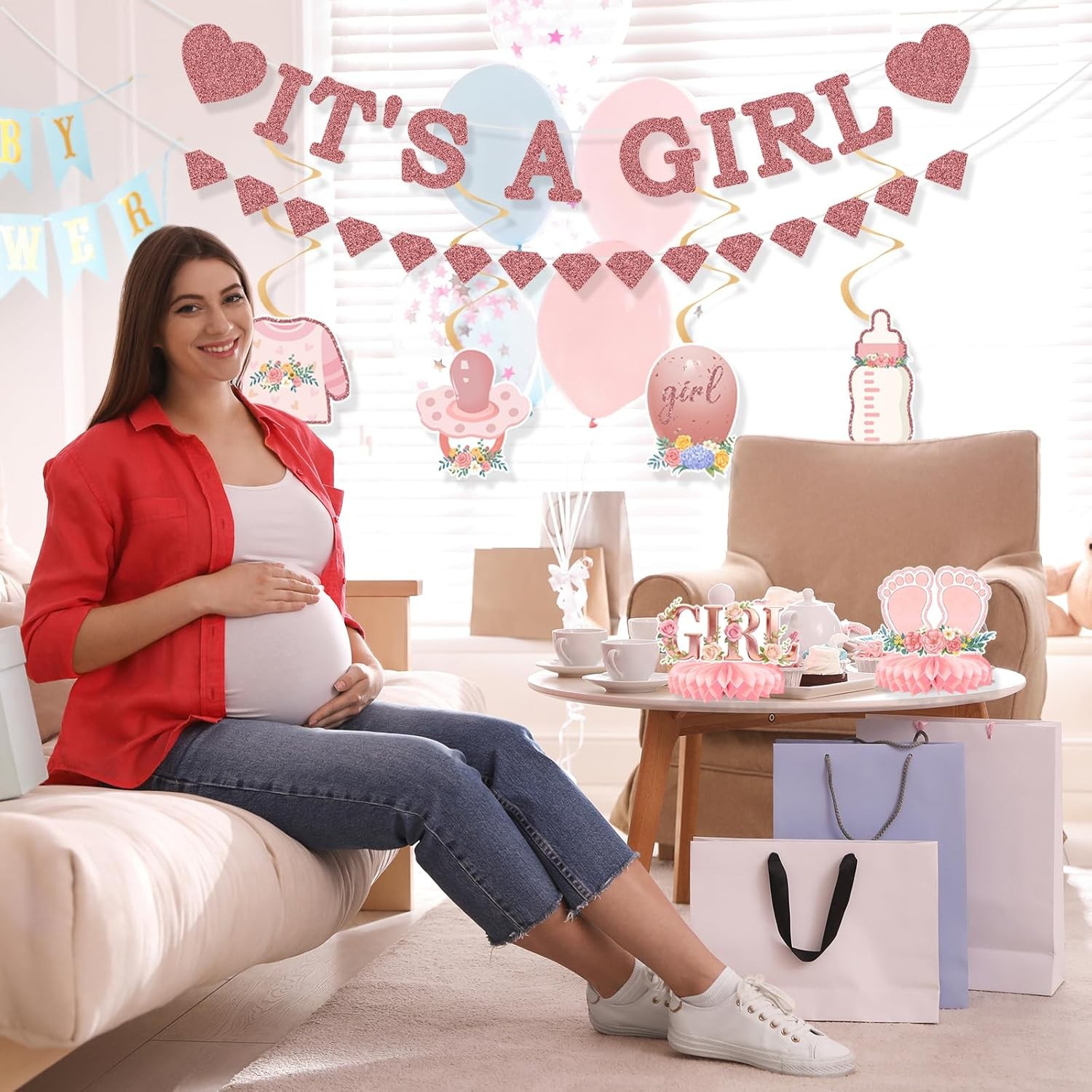 Pink Baby Girl Party Decorations Set 9Pcs Rose Gold Baby Shower Decorations