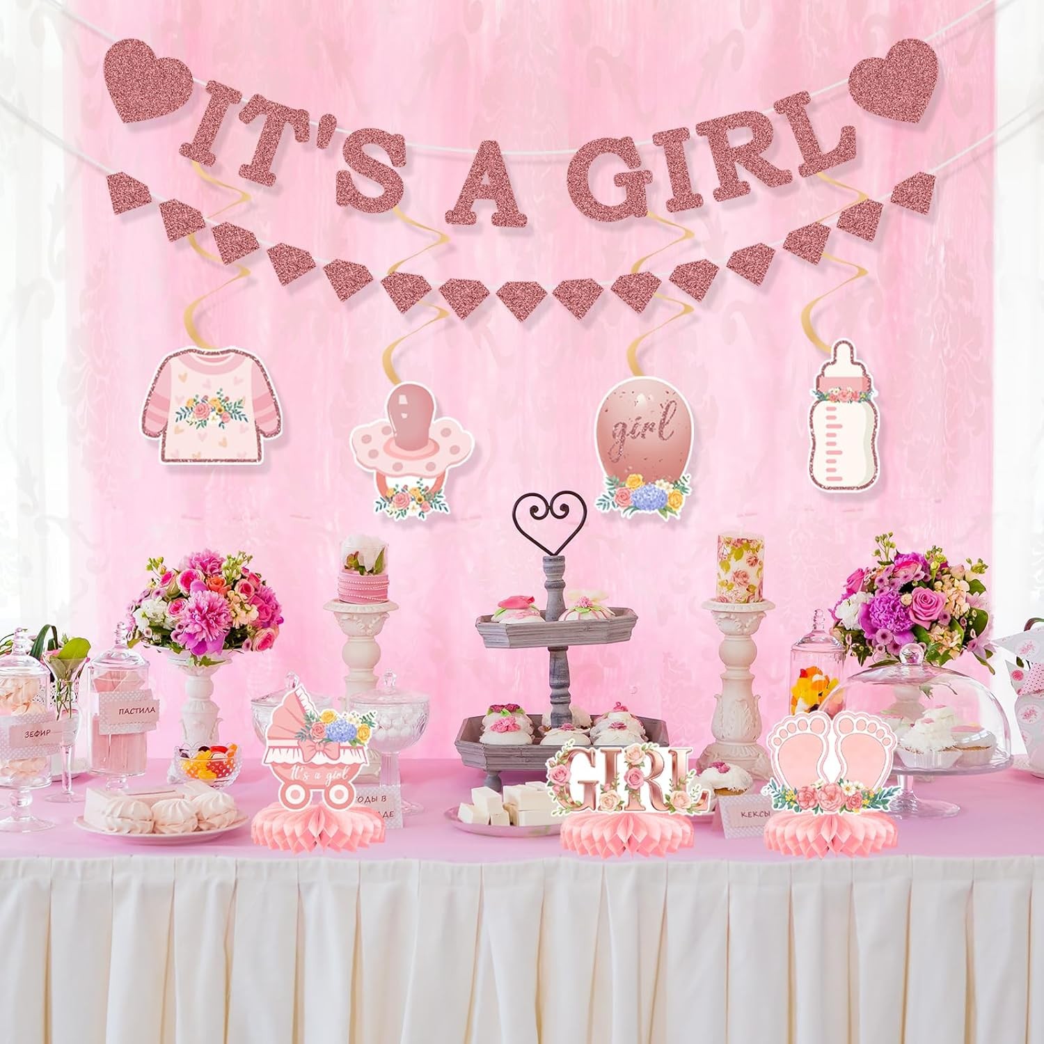 Pink Baby Girl Party Decorations Set 9Pcs Rose Gold Baby Shower Decorations