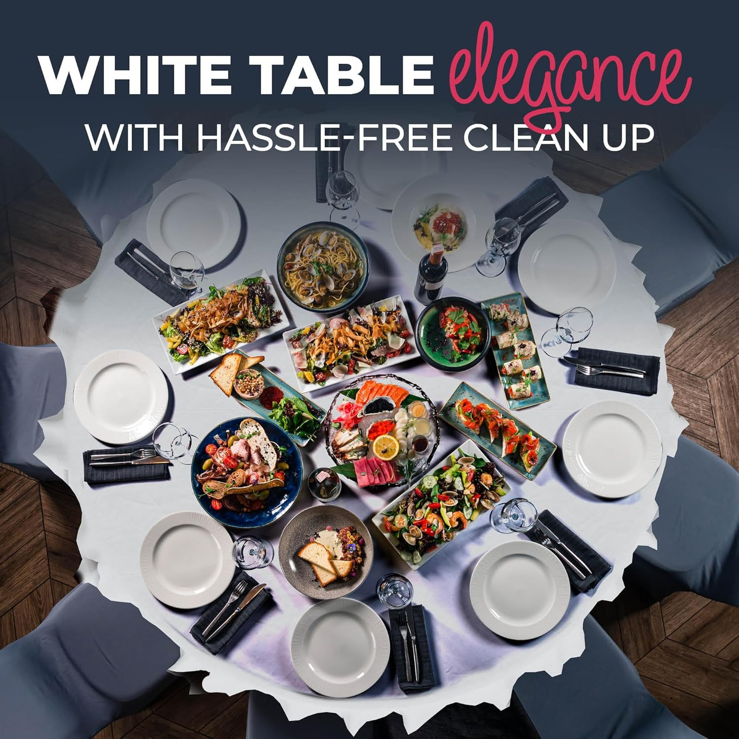 Paper Tablecloths for round Tables | 82″ – 10 Pack | White Paper & Plastic Dispo