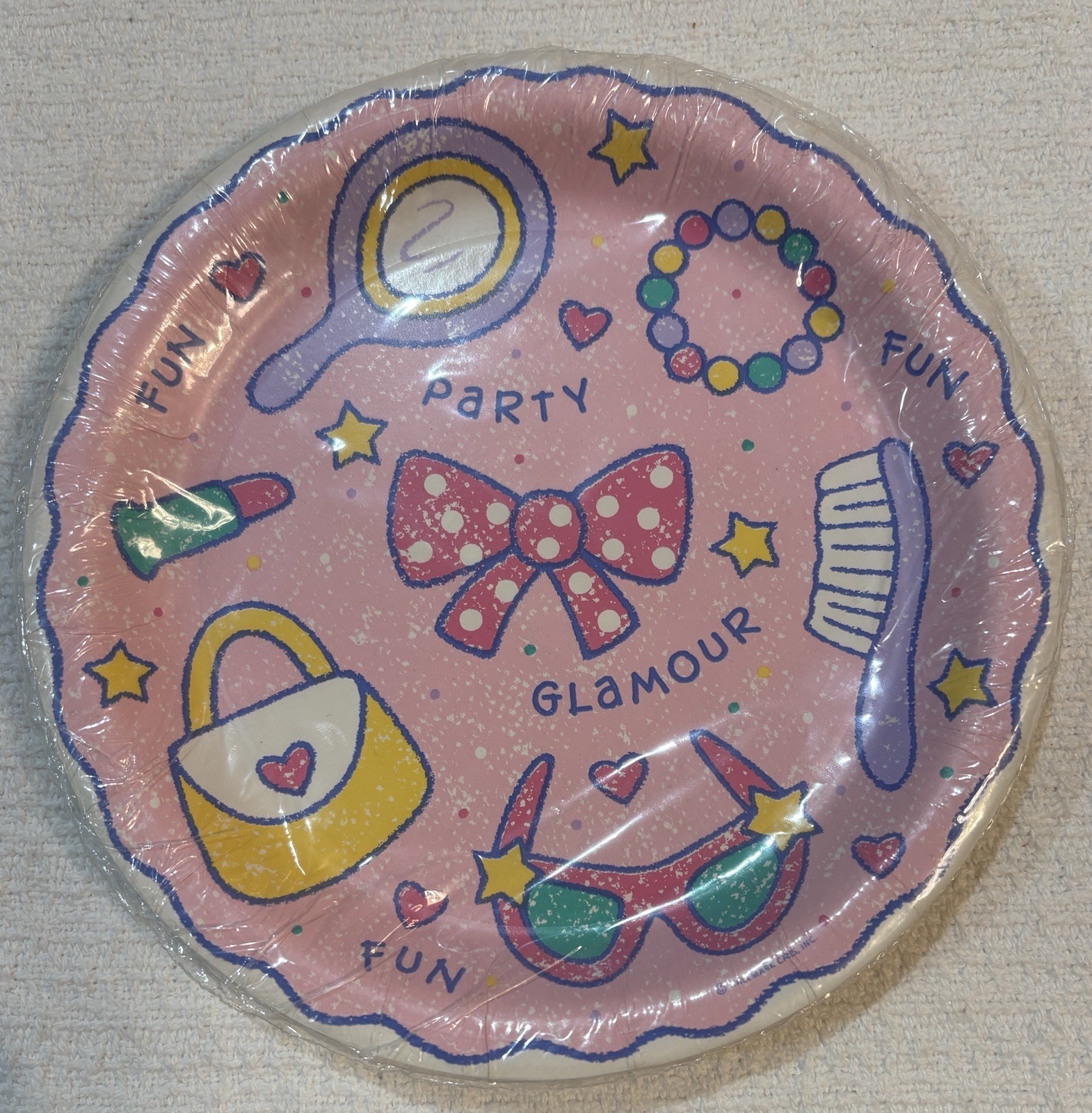 Vintage Hallmark Party Plates Girls Bow Lipstick Hearts Fun 8 Count Lot of 3