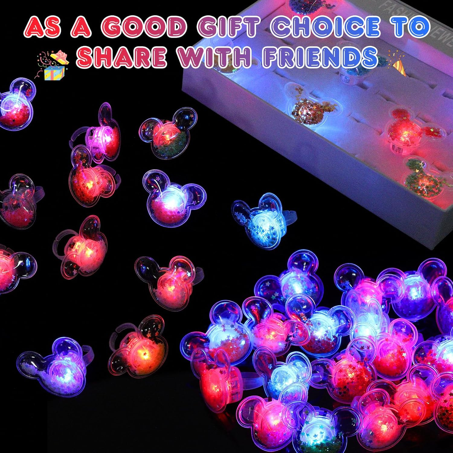 Mouse Party Favors 24 Pcs Glitter Mouse Ear LED Light up Rings Glowing Finger Ri