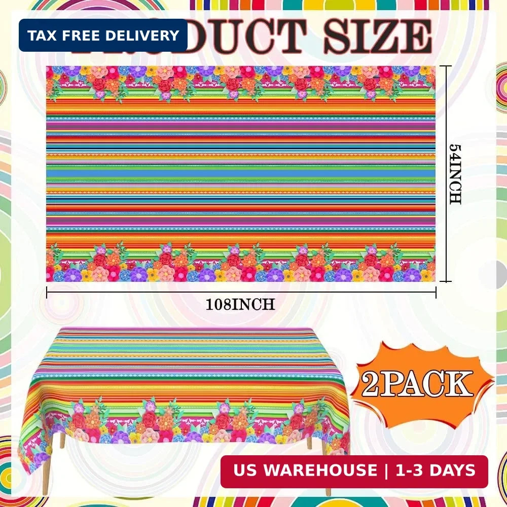 Mexican Fiesta Party Decorations, 2 PCS Plastic Rectangle Mexican Flowers Tablec