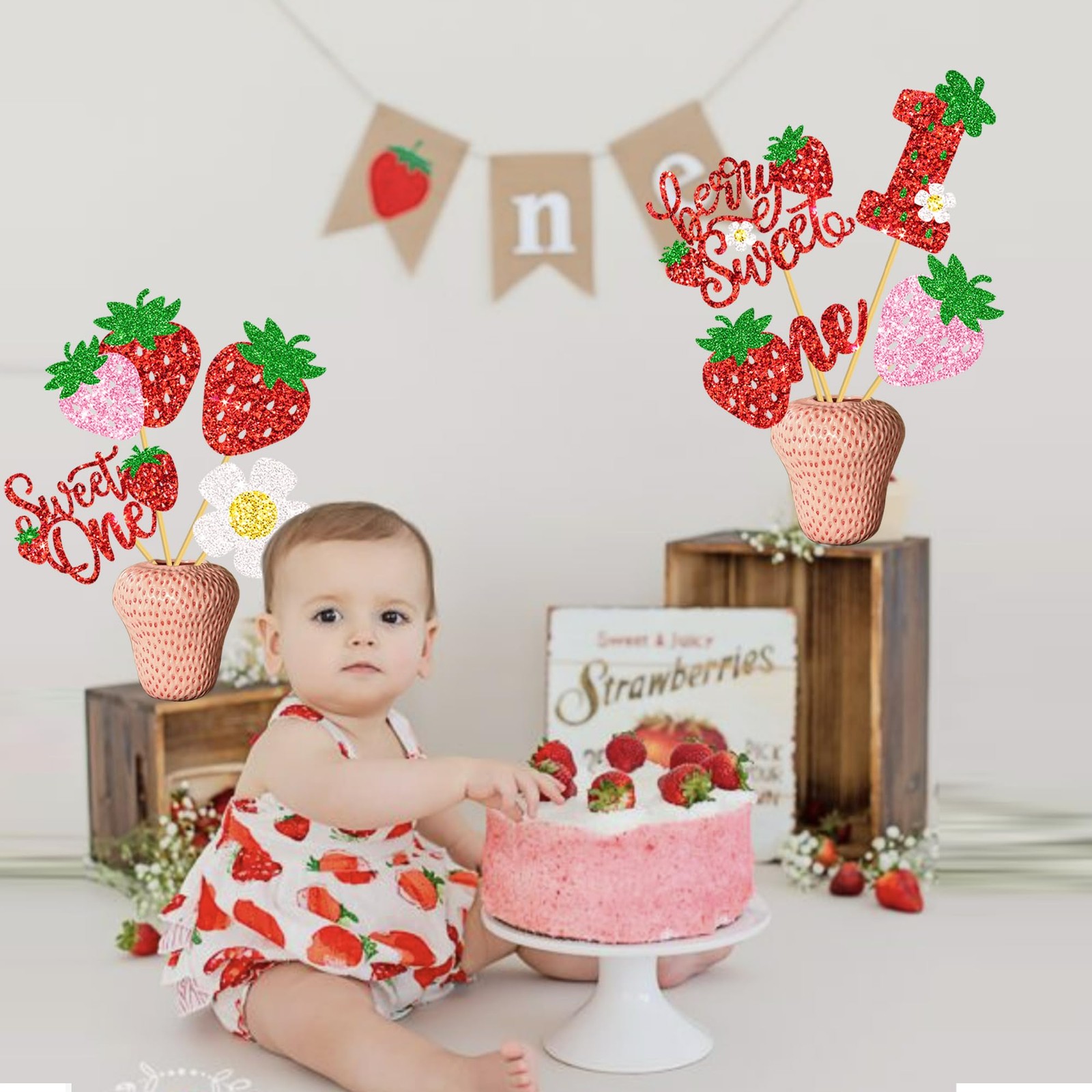 16 PCS Strawberry Sweet One Centerpiece Sticks Berry 1st Birthday Decor