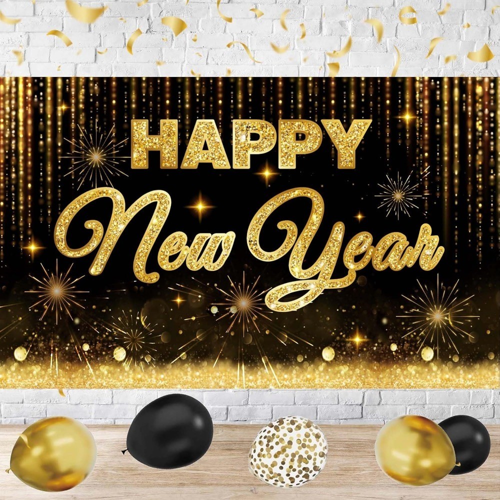 Black Gold Happy New Year 2026 Banner – Large New Years Eve Party Backdrop with