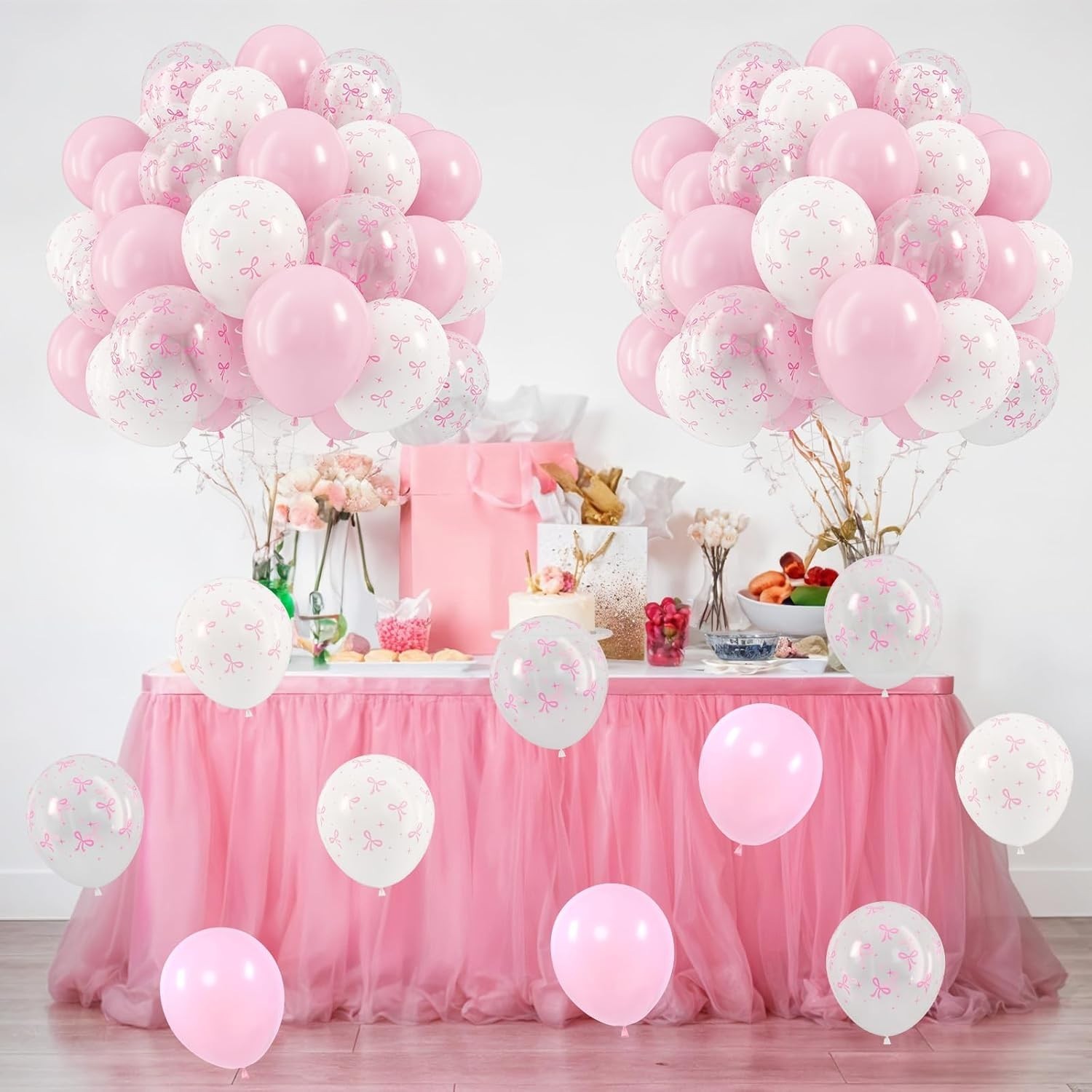 Pink Bow Balloons, 12 Inch Pastel Light Pink Transparent White Bow Print Coqu…