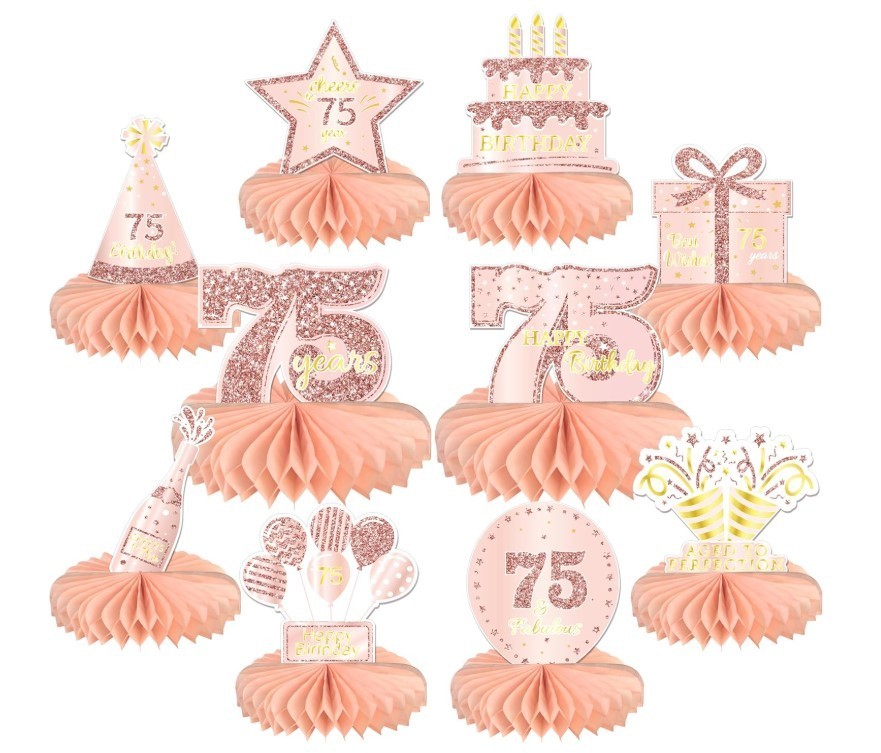 10 PCS Rose Gold Pink 75th Birthday Honeycomb Table Topper Centerpieces