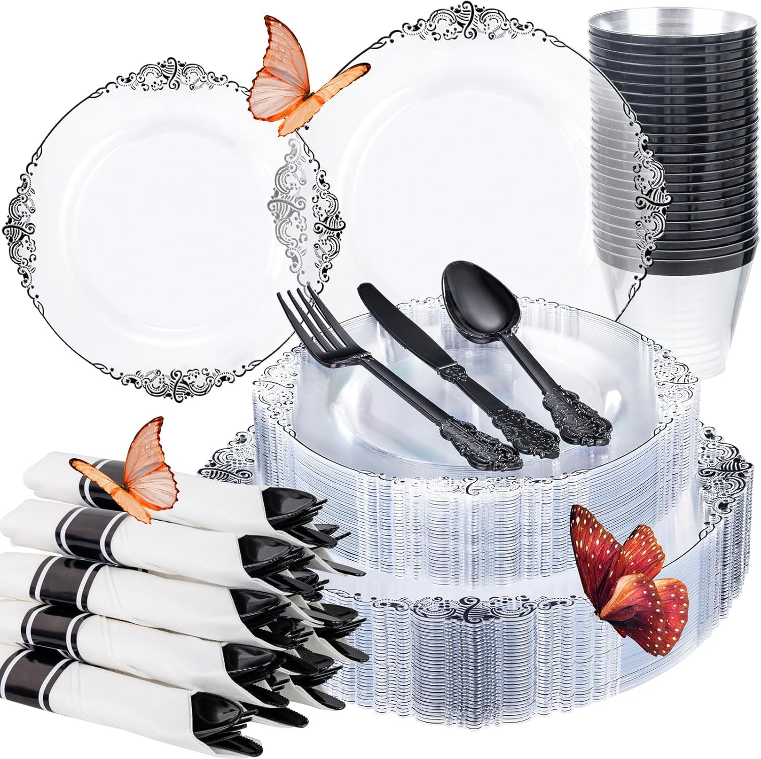 175pcs Clear and Black Plates – Black Party Plates for 25 Guest
