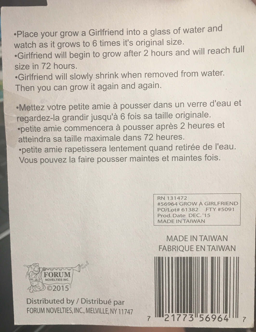 Grow A Girlfriend – Grows 600% in water funny – GaG Joke Novelty