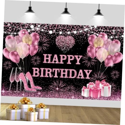 Happy Birthday Party Photography Backdrops Backgrounds | 180×120 cm, Pink Gold