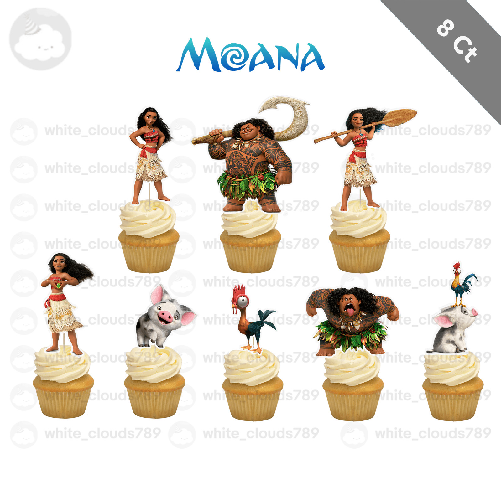 8 Moana Cupcake Toppers Maui Hei Hei Pua Birthday Favor Party Shower