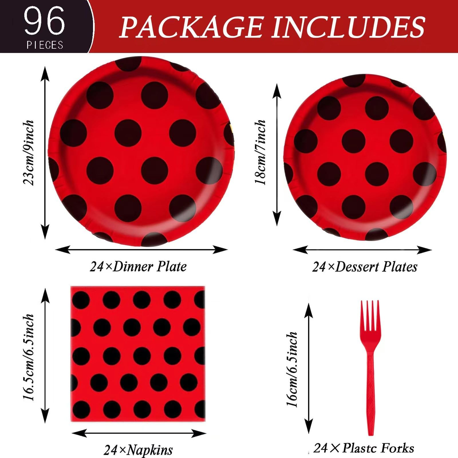 Ladybug Party Supplies 96Pcs Serves 24 – Cute Disposable Plates & Napkins