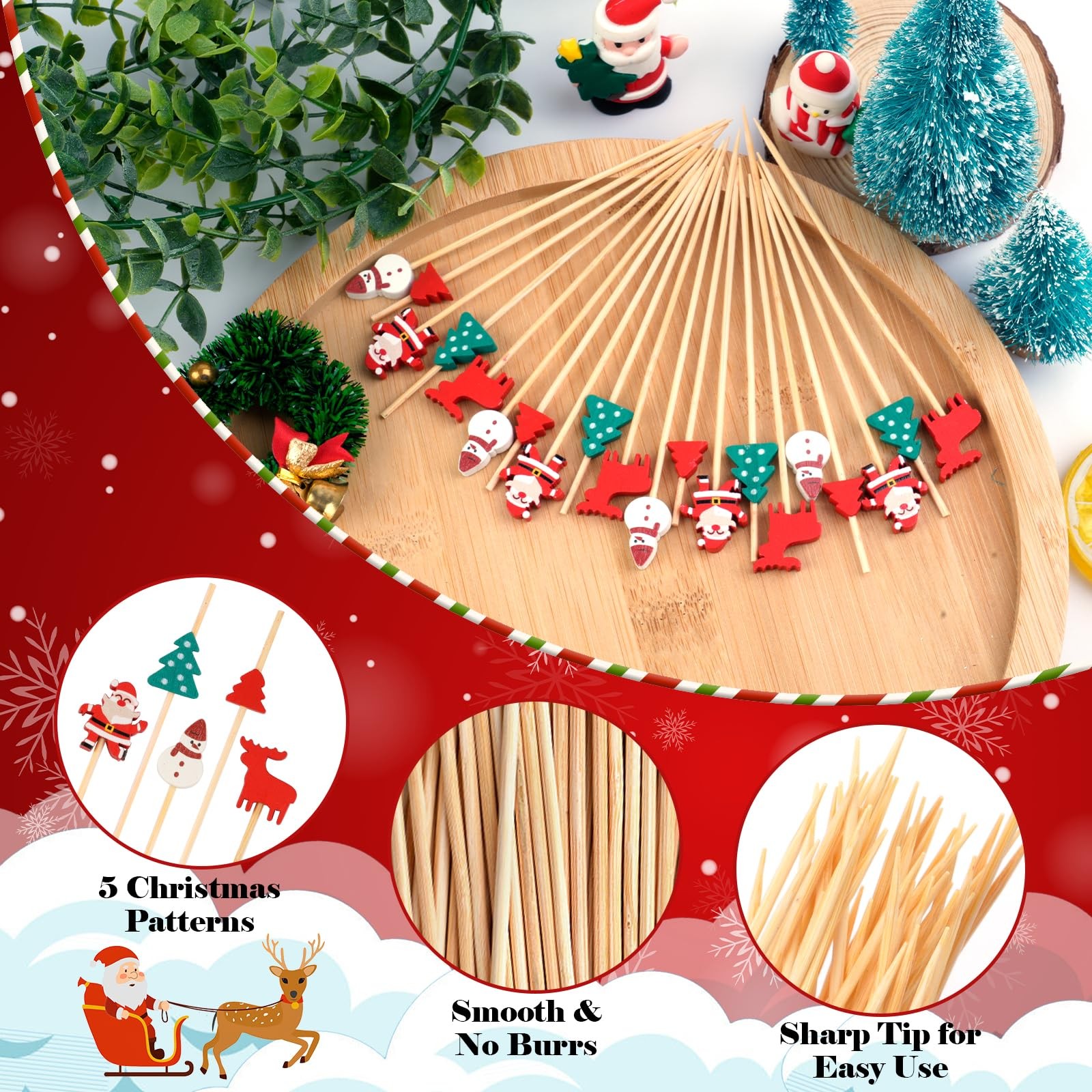 100 PCS Christmas Cocktail Picks, 5 Classic Styles 4.7 Inch Toothpicks for Ap…