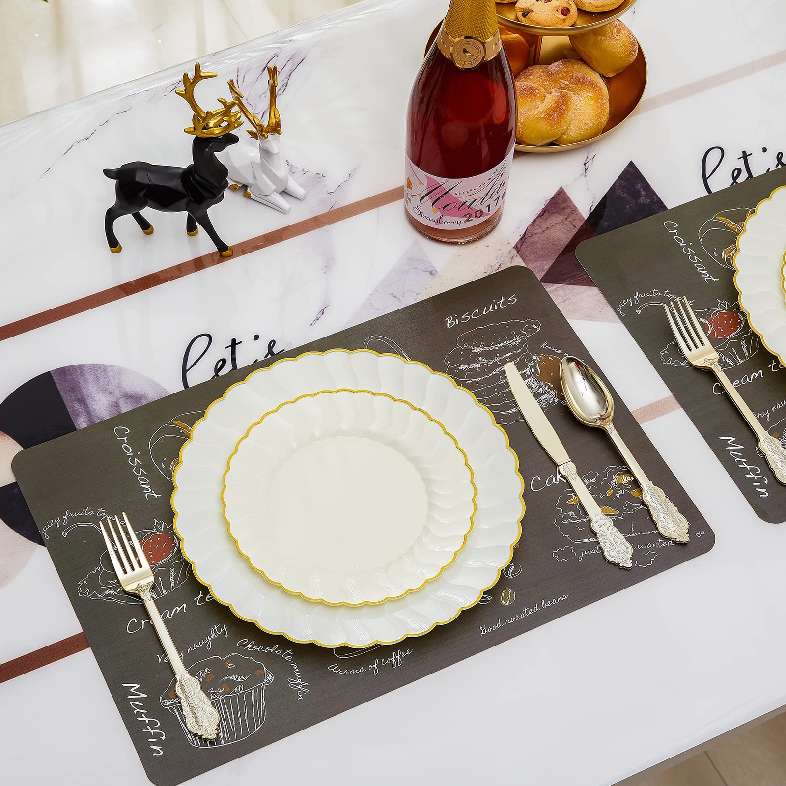 60PCS Ivory Scalloped Plastic Plates with Gold Rim, Disposable Elegant Plates…
