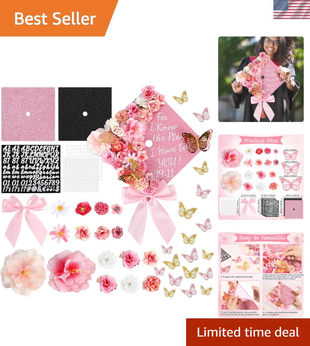 55 Pcs Pink DIY Graduation Cap Decorations Faux Assorted Flowers Pink Bows 3D…