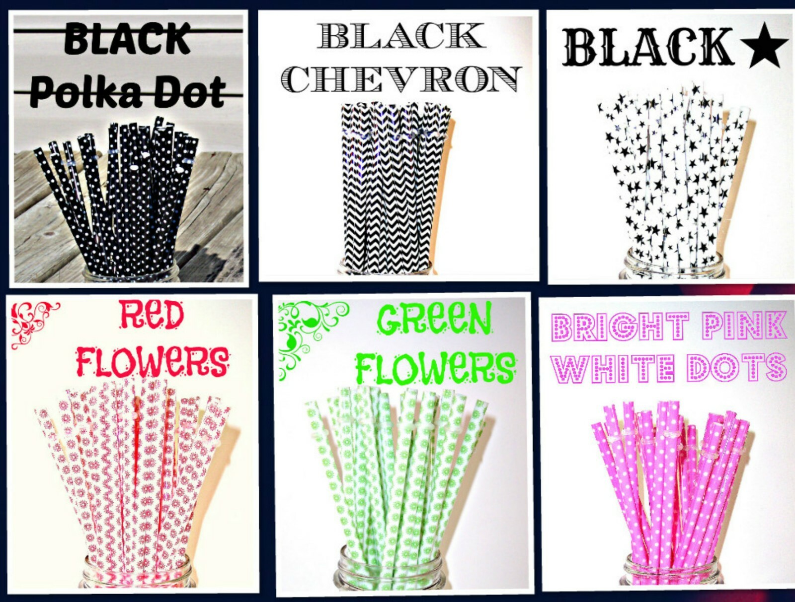 PATTERNED STRAWS, Dots, Checks, Flowers, Chevron, Fruit, Reusable, BPA Free