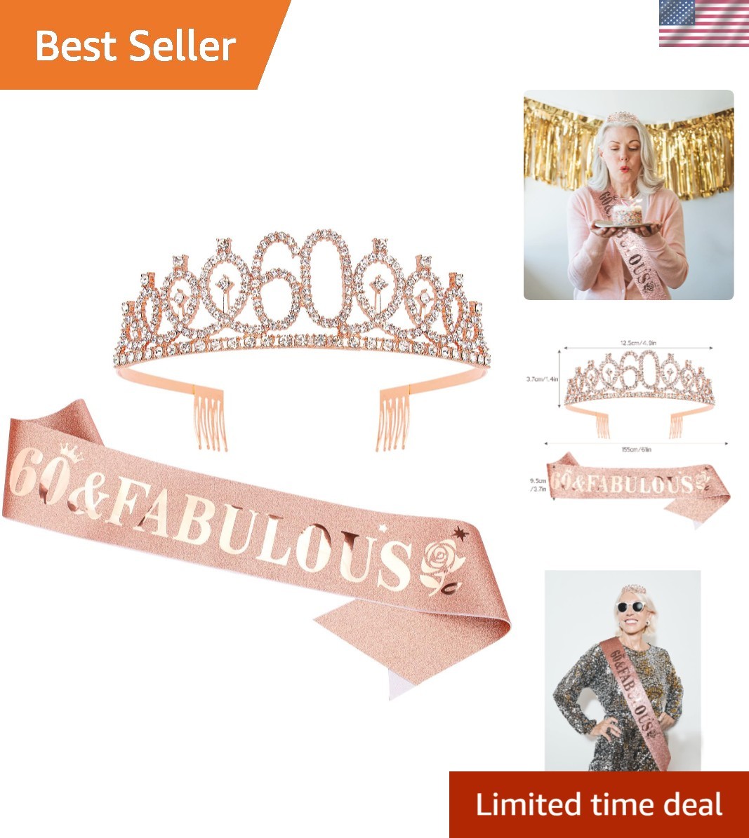 60 & Fabulous Birthday Sash with Rhinestone Tiara – Perfect for Celebrations