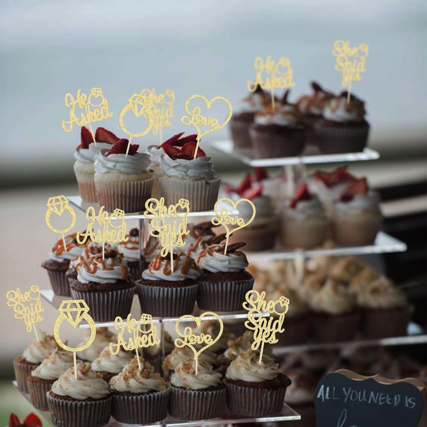 He Asked She Said Yes Cupcake Toppers Gold Glitter Diamond Ring Heart Love Ca…