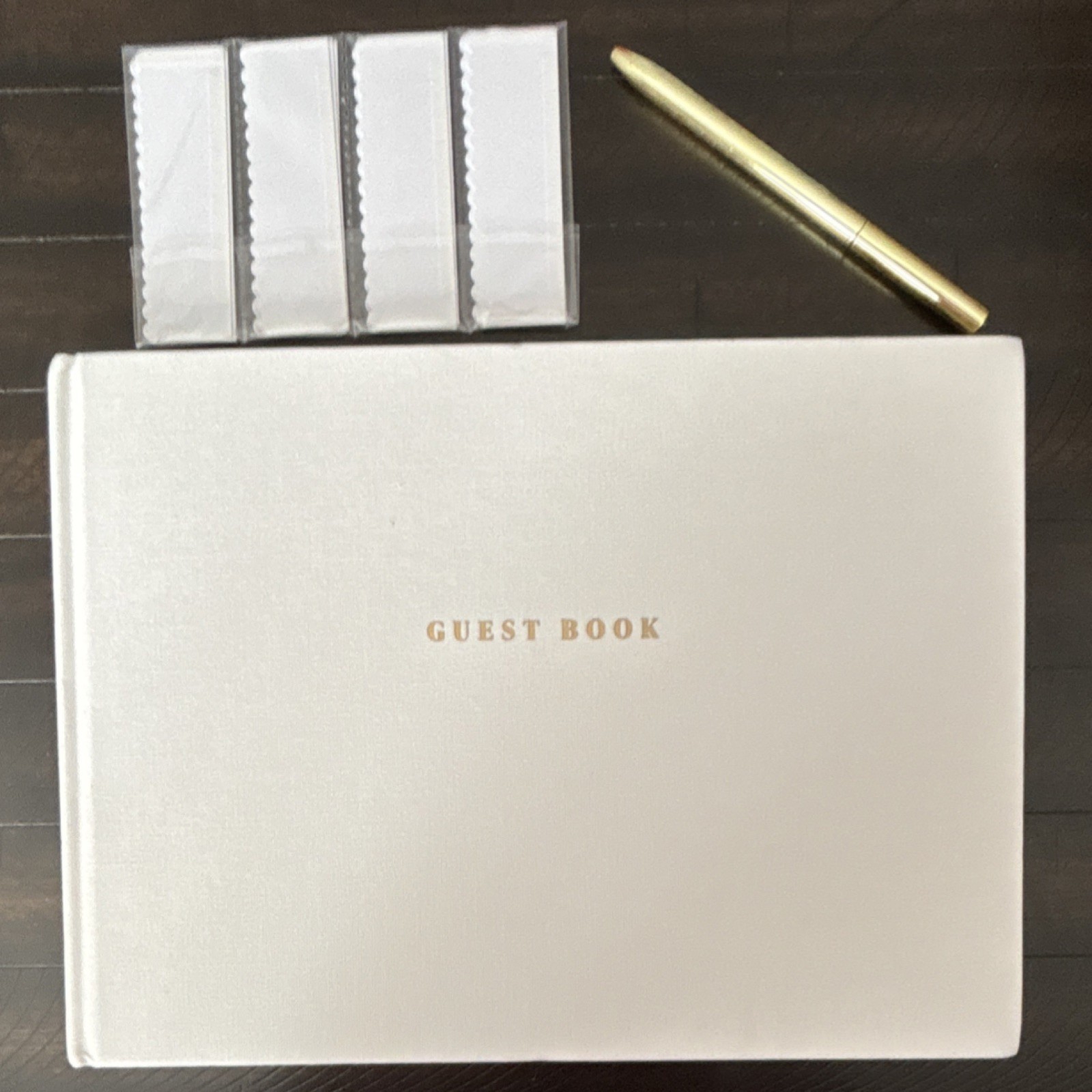 Elyn Contemporary Guest Book White Gold Light Blue with Gold Pen and Accessories