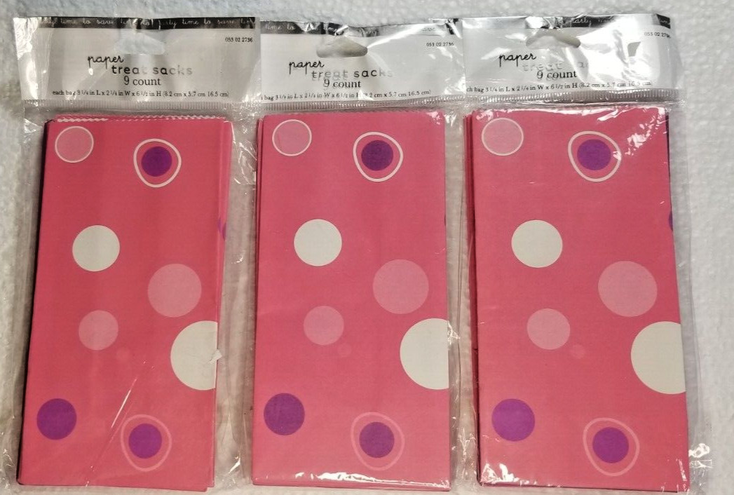 Paper Treat Bags Pink & Purple Contemporary Design 3 Packs Birthday Valentine +