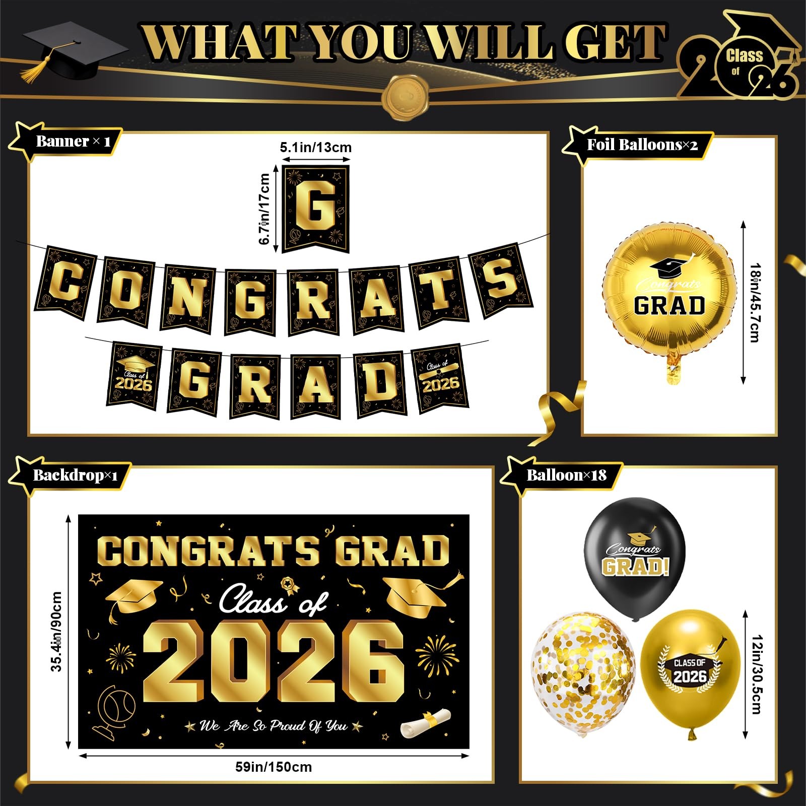 Class of 2026 Graduation Party Decor Kit Black Gold Banner Balloons Centerpieces