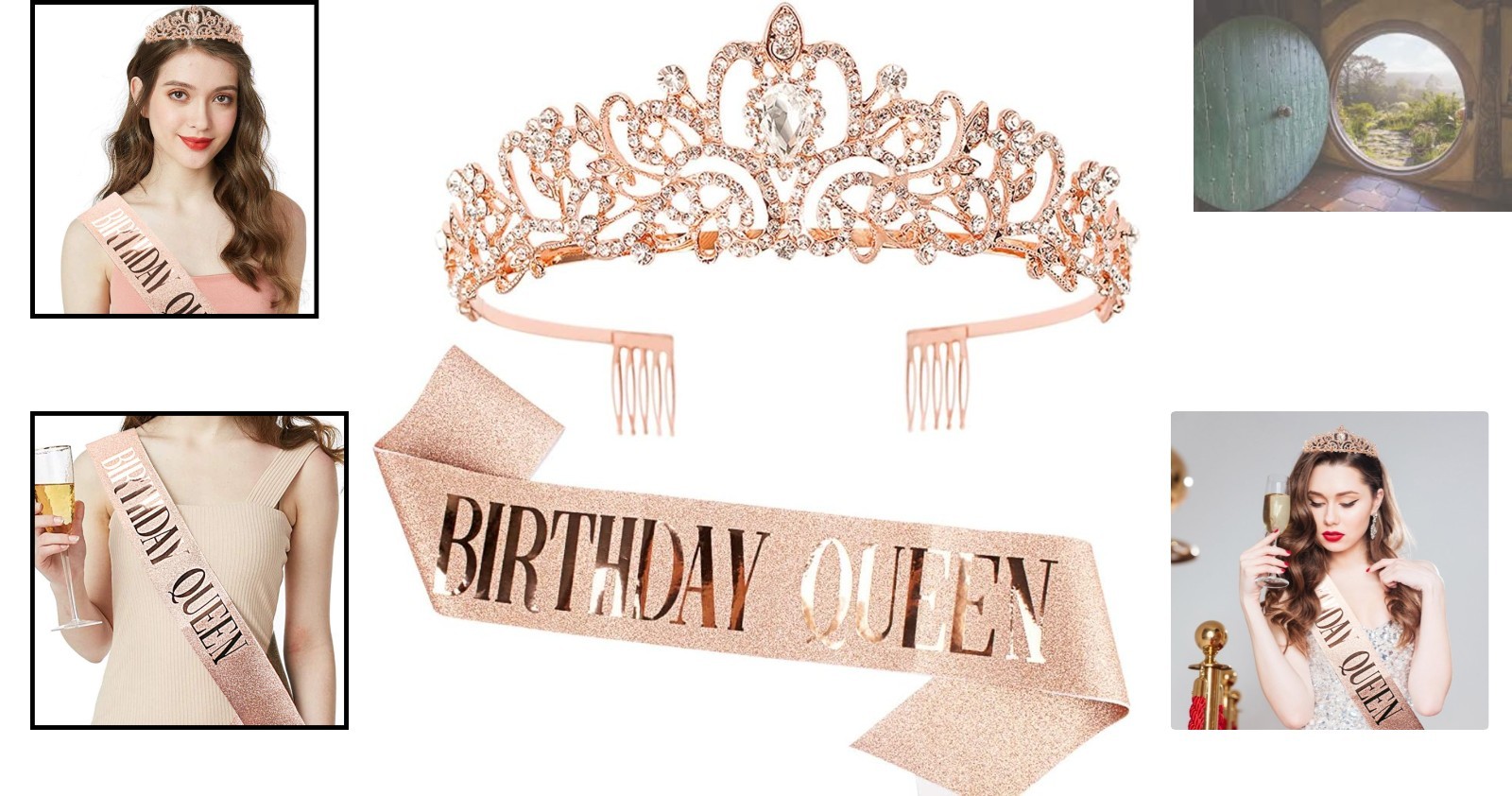 Stylish Rhinestone Tiara and Adjustable Birthday Sash Set in Rose Gold