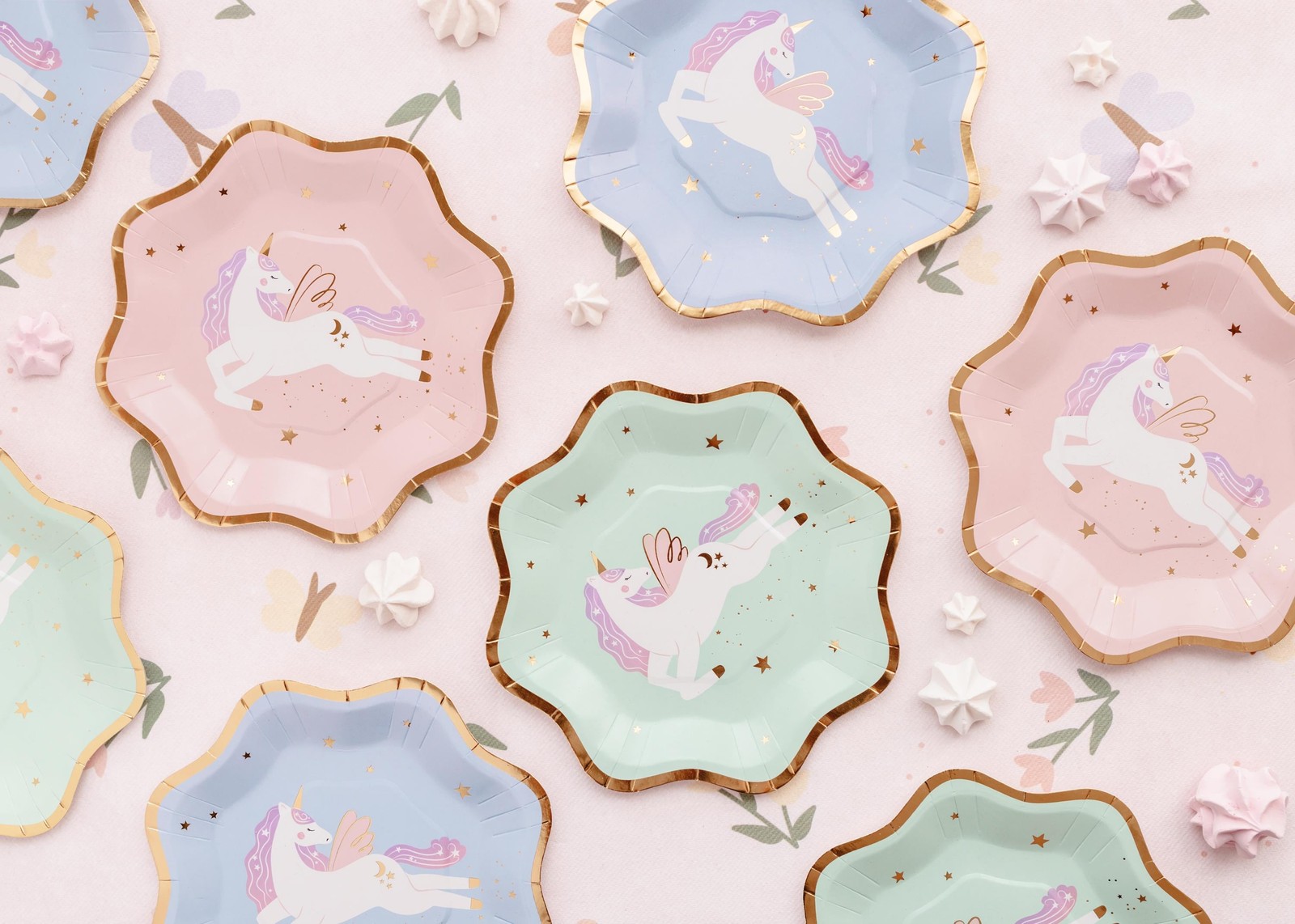 Pastel Blue, Pink & Green Unicorn Paper Plates with Gold Rim – Pack Of 6