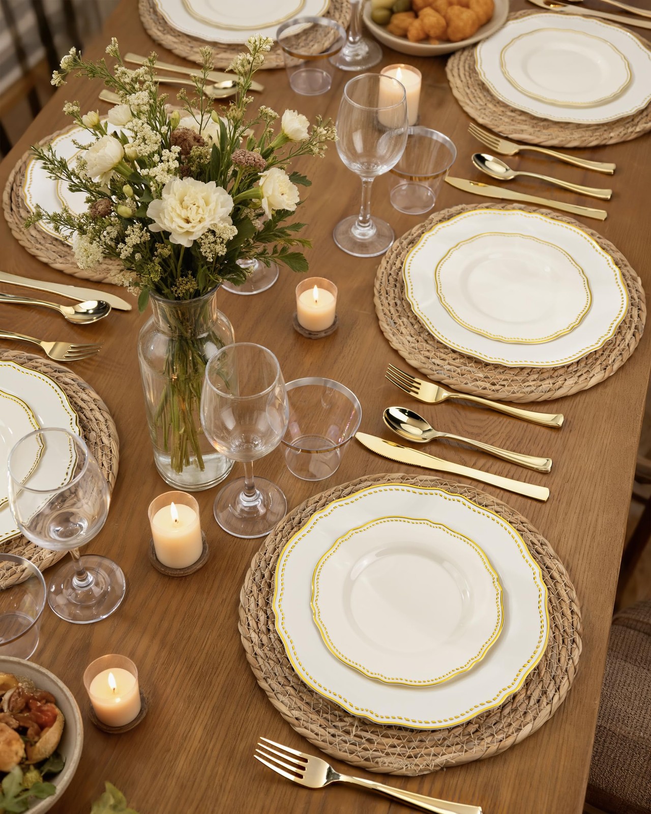 60PCS Ivory Plastic Plates Ivory and Gold Disposable Dinnerware with Gold Ri…