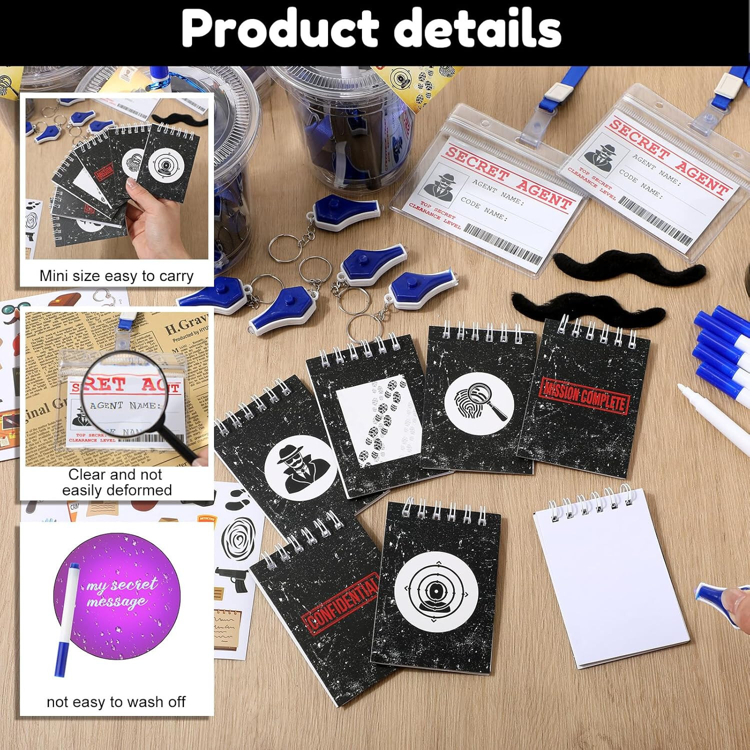 Secret Agent Spy Detective Party Favor UV mini light invisible ink pen notebooks