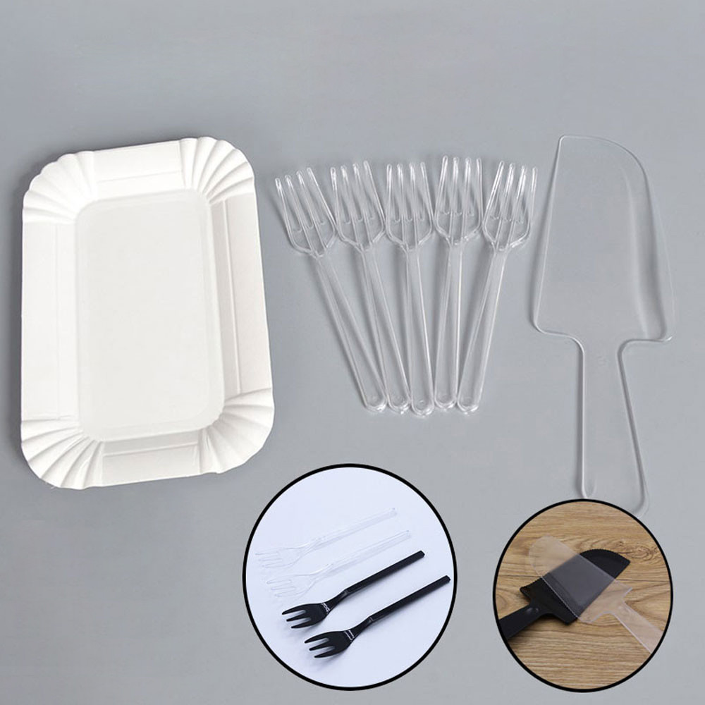 Set of Paper Plates, Forks, Cake Knife Plastic Disposable Party Events Birthdays