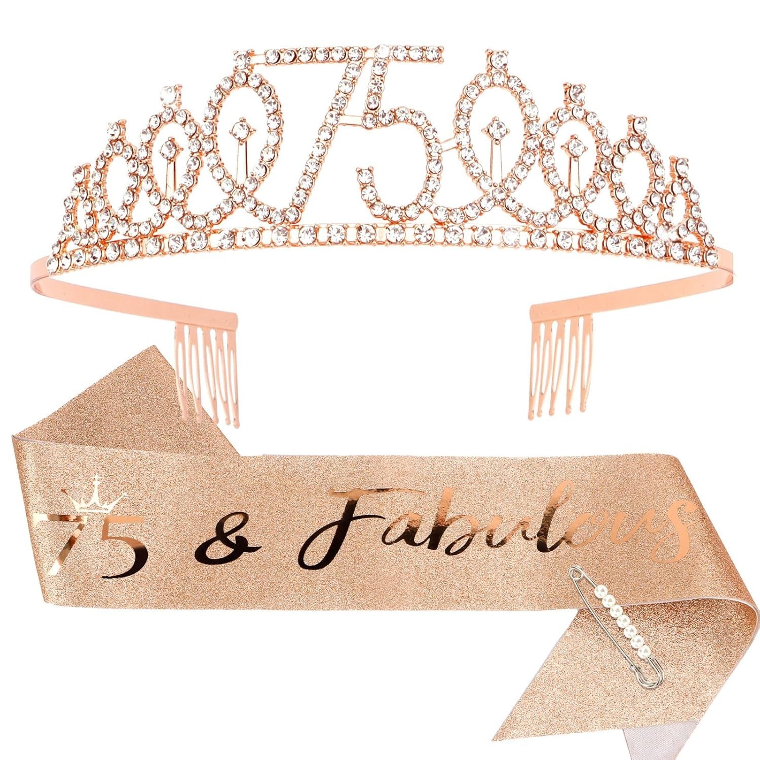 Fabulous 75th Birthday Crown and Sash Set with Elegant Pearl Pin – Gift Ready!