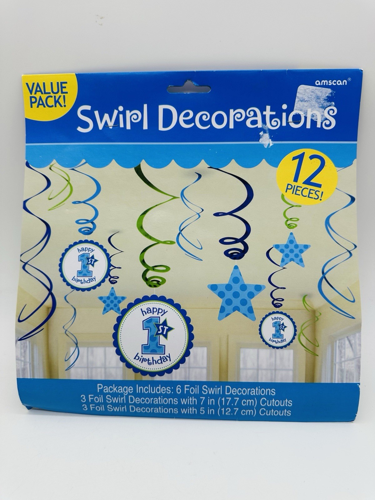 New First 1st Birthday Foil Swirl Decorations Blue Boy Polka Dots 12 Pieces