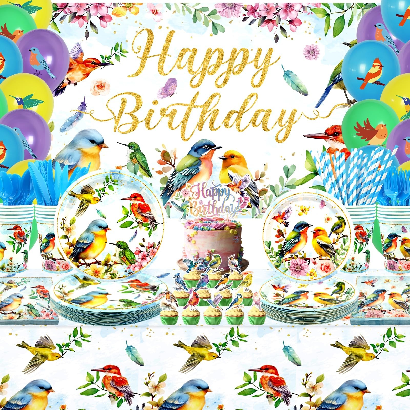 Bird Theme Party Supplies Set – Birthday Backdrop, Plates, Cups, Tablecloth, Bal
