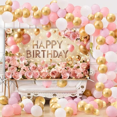 Rose Gold Happy Birthday Backdrop Banner for Women | Pink Floral Happy 6×3.6ft