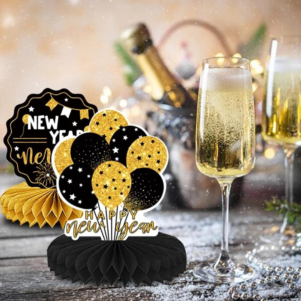 9PCS New Year Honeycomb Table Centerpiece for Home Party, Black Gold 2025 New
