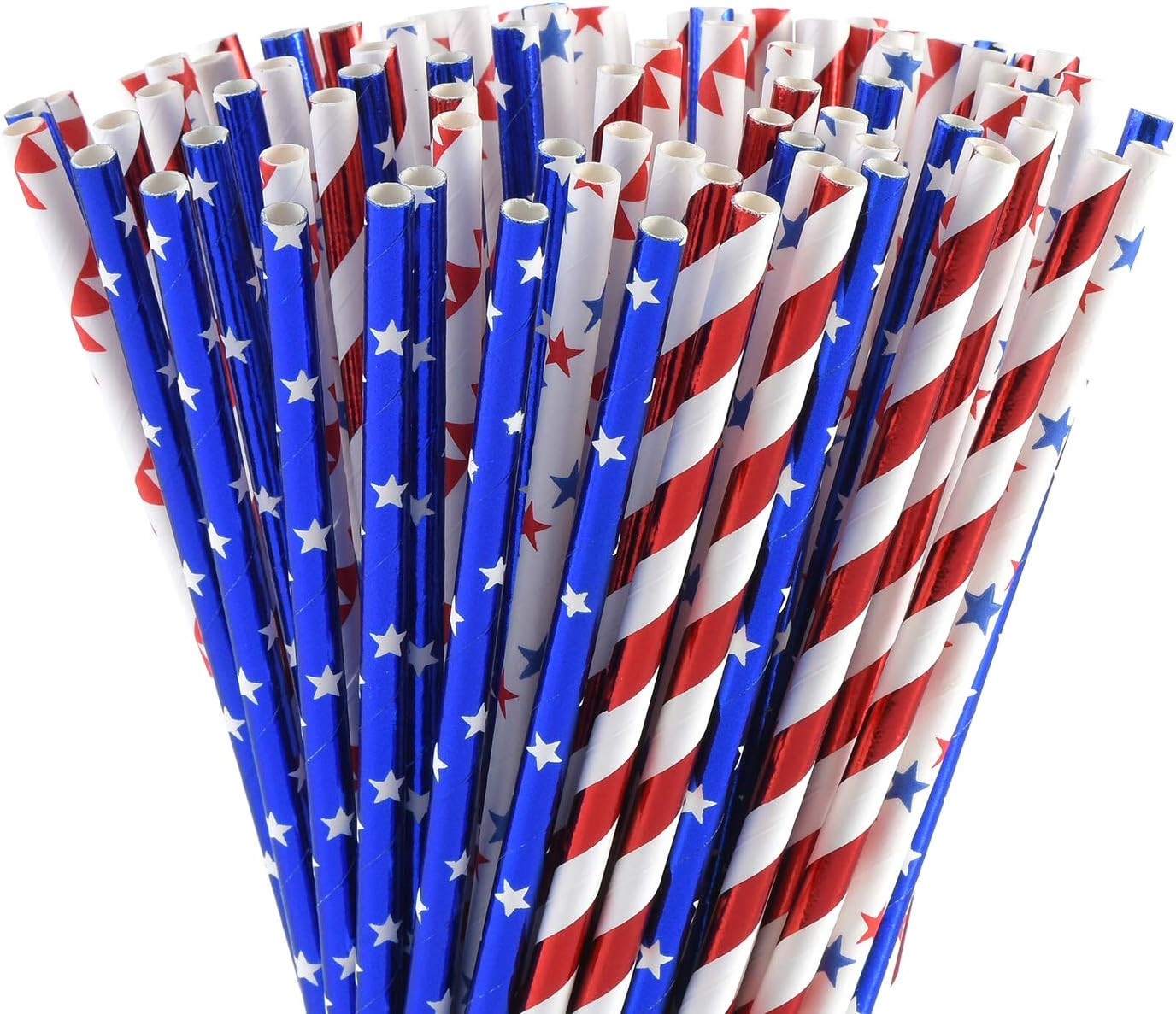 American Flag Red Blue White Paper Straws, 100 Straws for Memorial Day /4Th of J
