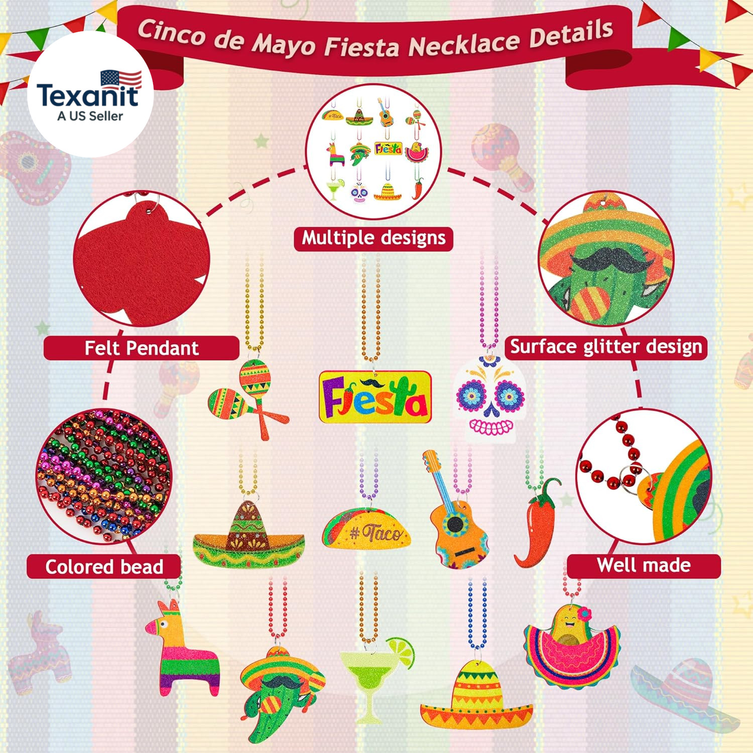 Cinco De Mayo Party Favors, 12PCS Fiesta Necklace Bead Favors, Mexican Metallic