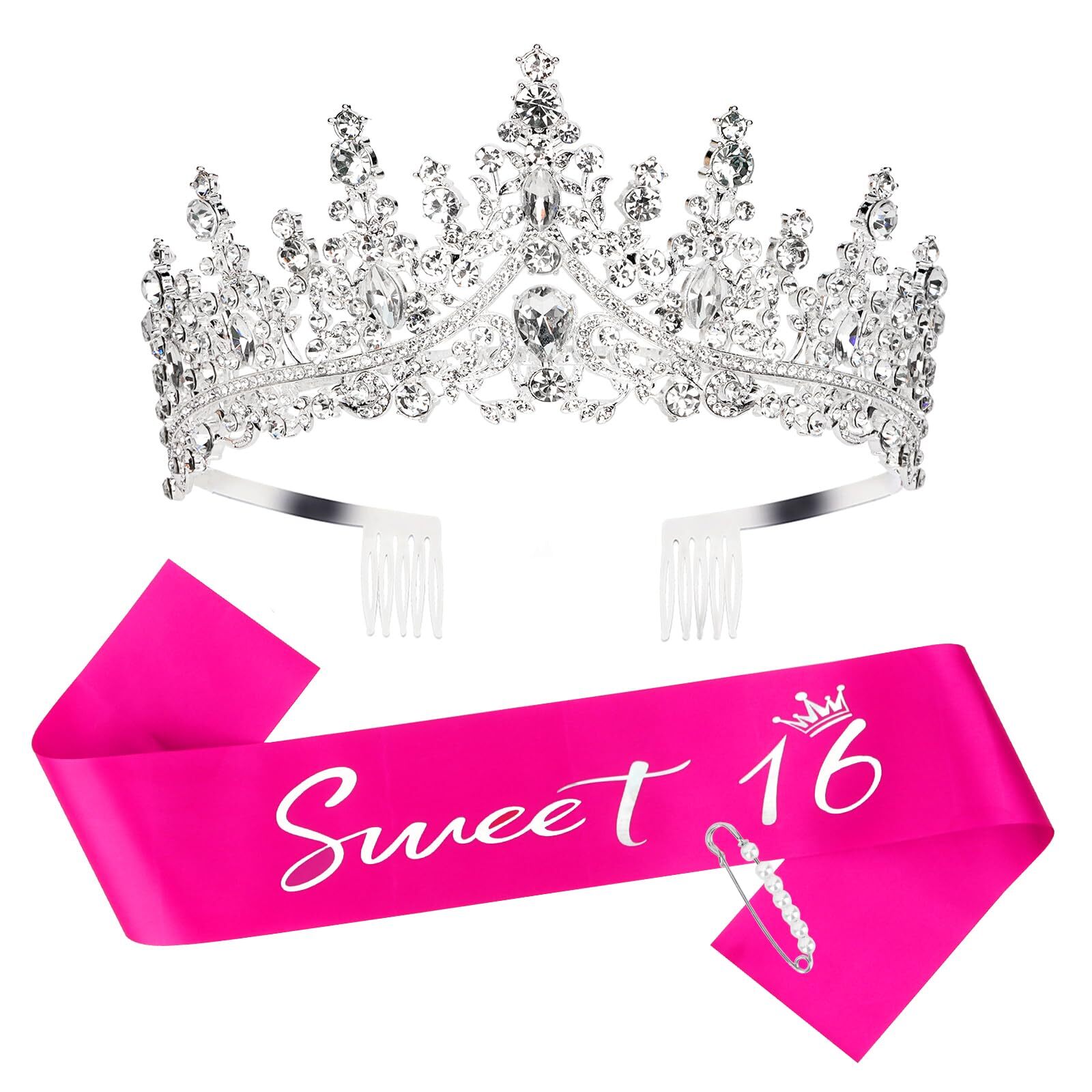 16th Birthday Sash and Tiara Set Sweet 16 Decorations Glitter Pearl Pin