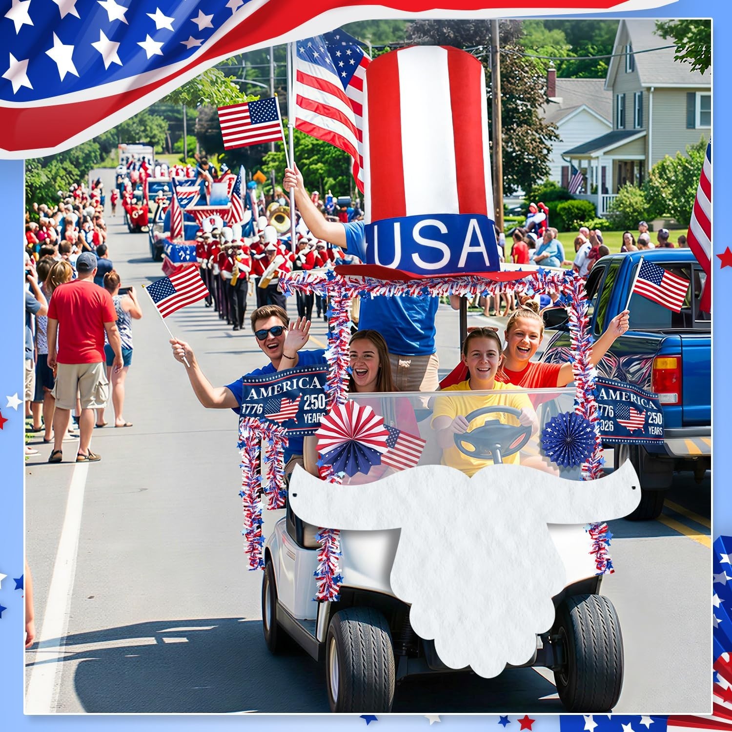 Patriotic 4th of July Golf Cart Decoration Kit – Giant Hat, Beard, Tinsel & Flag