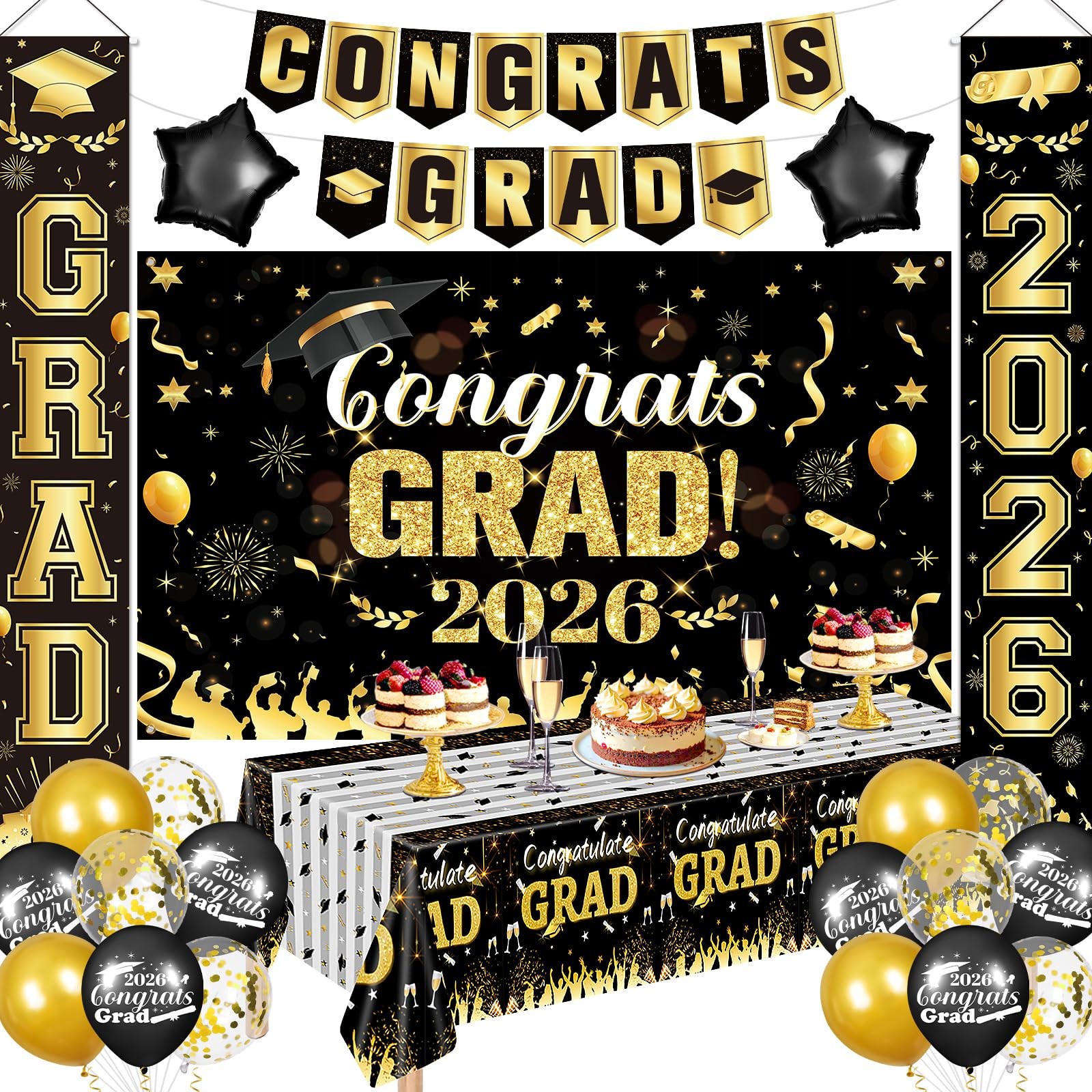 Black Gold Graduation Decorations 2026 Congrats Grad Party Supplies Set Fabri…