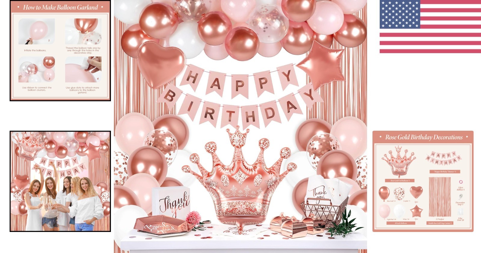 All-Inclusive Rose Gold Birthday Decorations for Women with Balloons and Banner