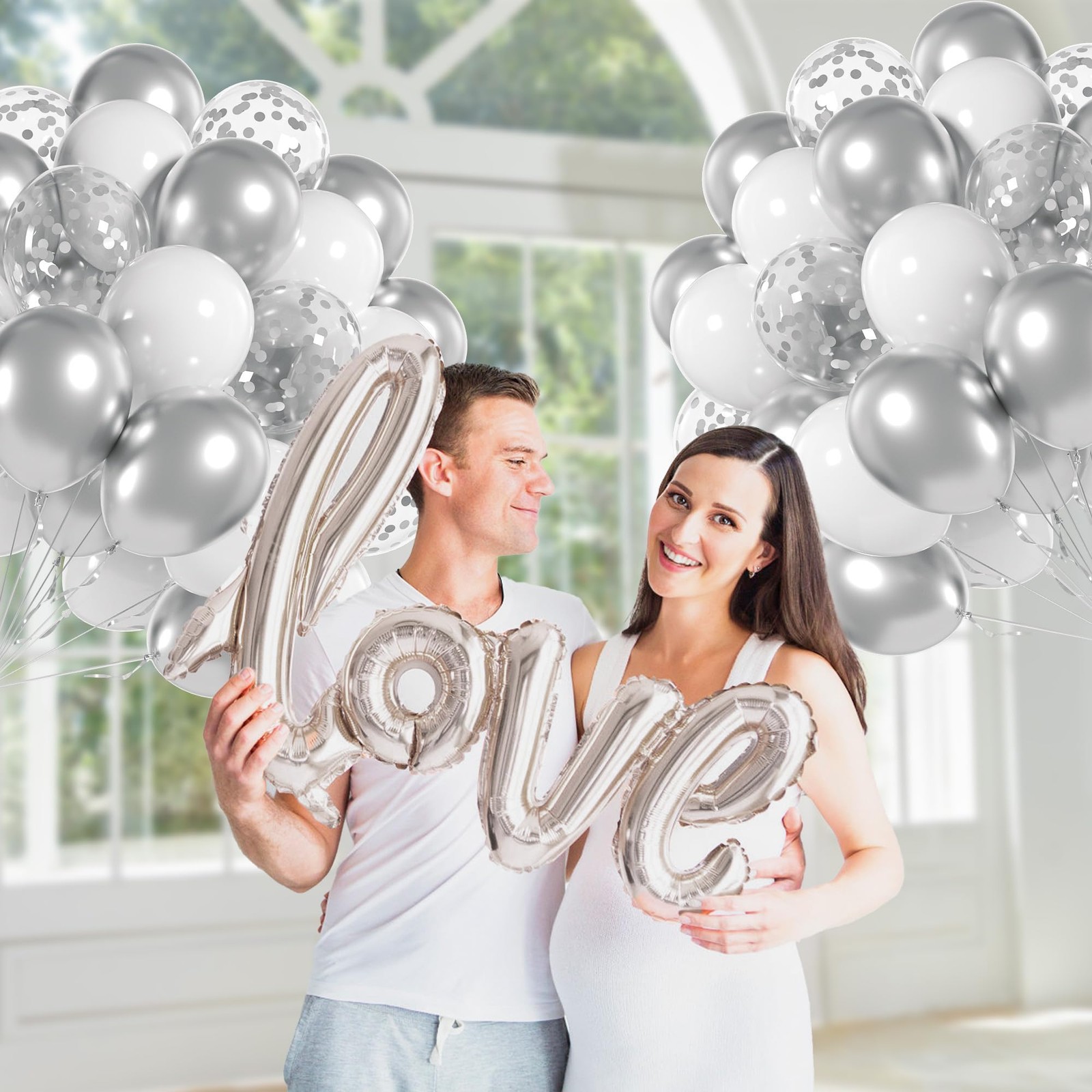 60pcs Silver and White Balloons with Confetti for Birthday and Party Decor