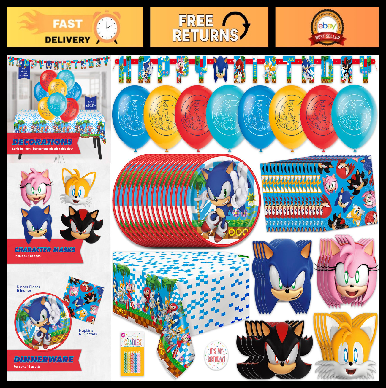 Sonic Birthday Party Supplies for 16 Guests | Balloons, Masks, Banner, Plates &